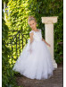 White Floral Lace Tulle V Back Long Flower Girl Dress